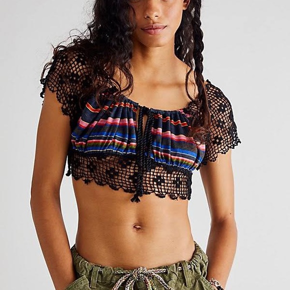 Free People Tops - NWOT Free People Aruba Striped Crochet Crop Top Black Combo Small